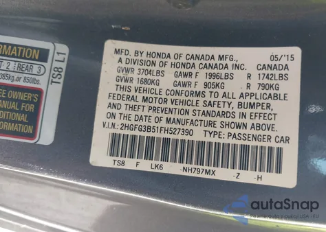 2015 Honda Civic Lx z USA, uszkodzony, nr VIN 2HGFG3B51FH527390